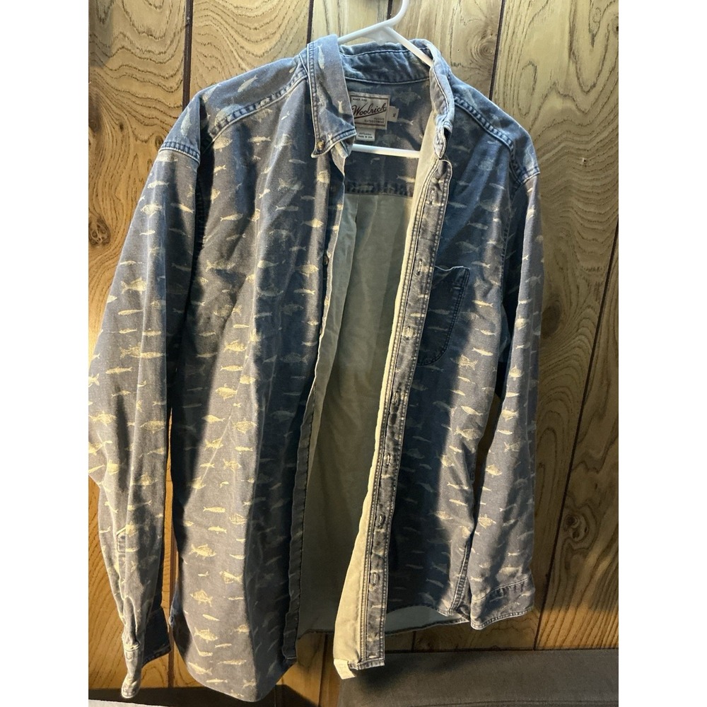 Woolrich Men's Shirt XL Blue Fish Print Long Sleeve Button Up Vintage Cotton